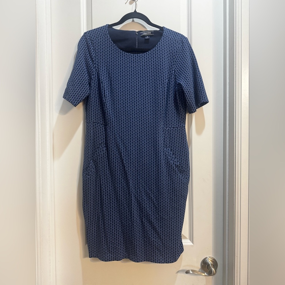 Lands’ End Blue Print Short Sleeve Dress Sz 12 Round Neck Back Zipper